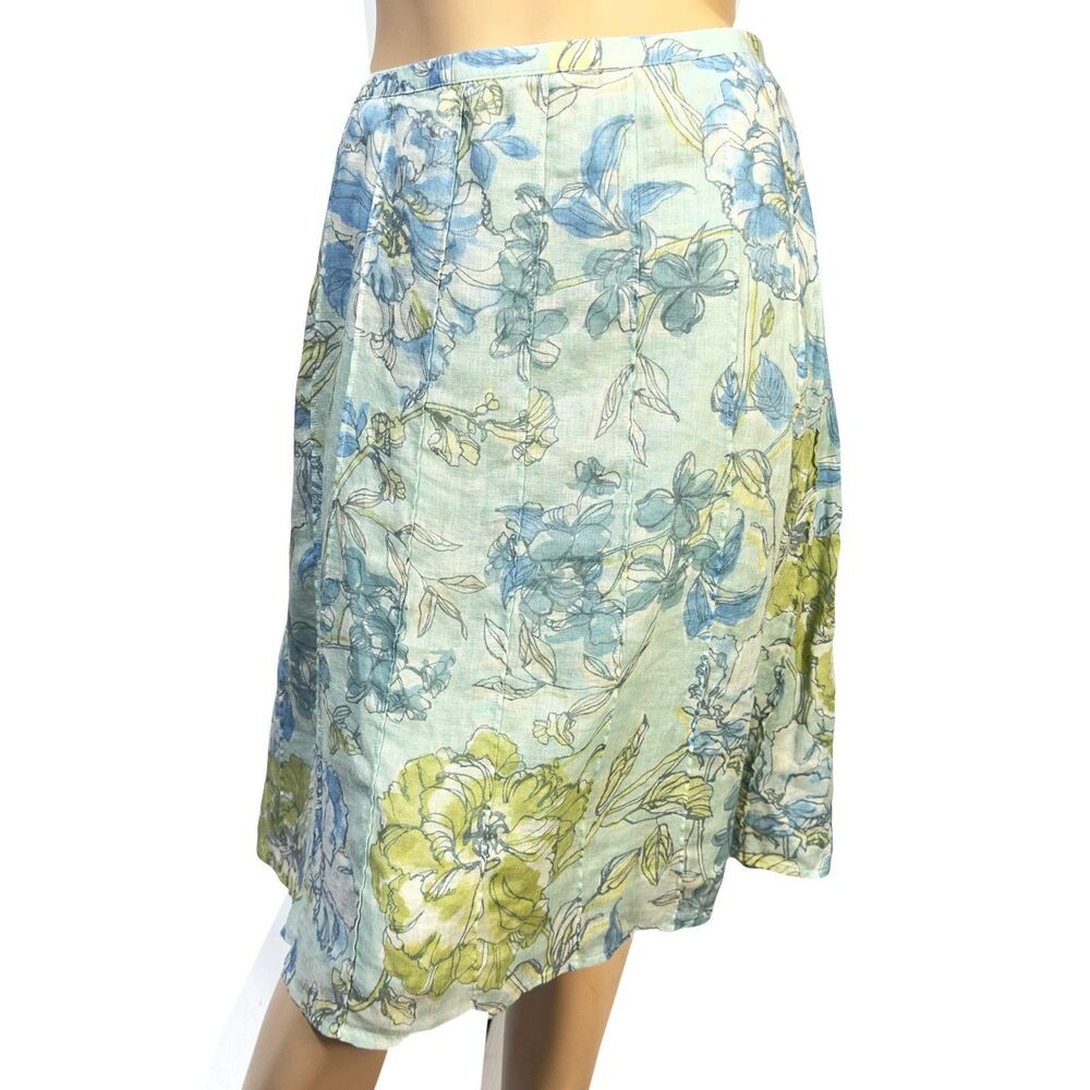Sigrid Olsen Skirt Pastel Green Blue Floral A-Line Lined 100% Linen Size 8 M NWT